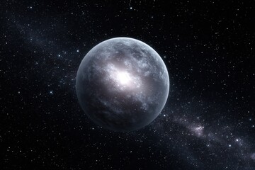 Fototapeta premium Isolated moonlike planet with strong light reflection and detailed surface curvature seen from side in pitch black space evoking loneliness distance and astrophysical symbolism