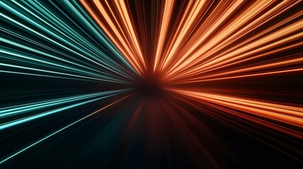 Obraz premium The image contains a visually striking abstract representation of converging lines of light, radiating outwards from a central point. The left side features cool teal hues, while the right side show