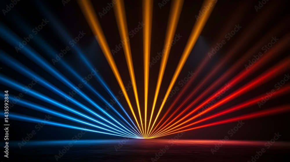 Poster the image shows a dark background with multiple beams of light emanating from a central point. the b