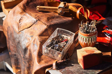 Natural leather trim, materials and tools of the craftsman