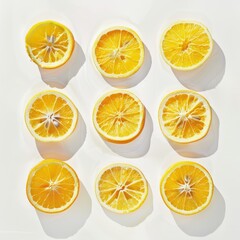 Geometric arrangement of citrus slices on a white surface.