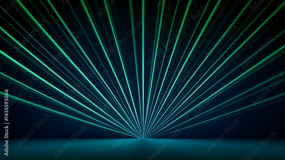 Poster the image contains multiple teal-green laser beams emanating from a central point, converging to cre