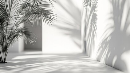 Minimalist indoor scene with tropical plant shadows
