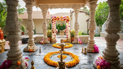South Indian temple-style wedding decor with stone pillars, rangoli, and oil lamps