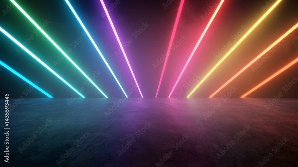 Poster a dark, empty space is illuminated by vibrant, multicolored neon lines converging from the edges tow