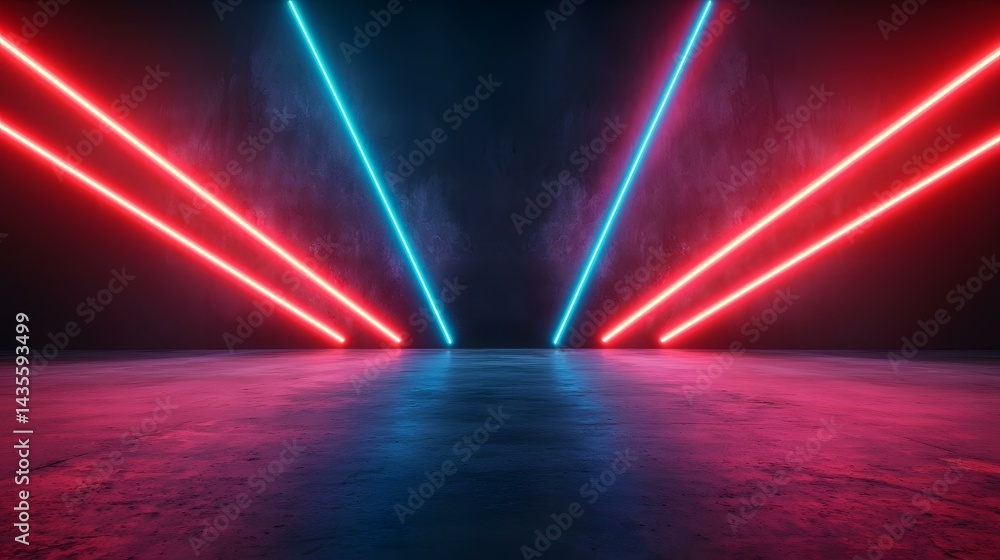Poster the image shows two red and two cyan neon lights intersecting in a dark room with a reflective floor