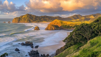 Obraz premium A beautiful scenic coastal landscape featuring mountains and ocean waves