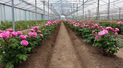 Inside the greenhouse, neat rows of pink roses bloom vibrantly from rich soil beds.

