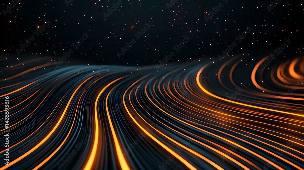 Poster the image shows a dark background with glowing orange lines curving and flowing across the frame, re