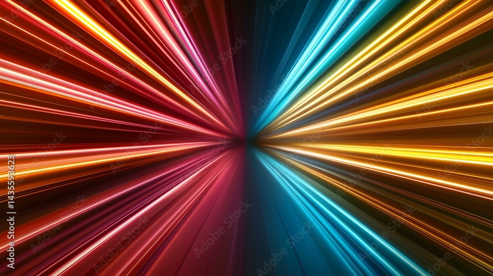 Poster the image contains abstract streaks of light in shades of red, orange, and blue, converging at a cen