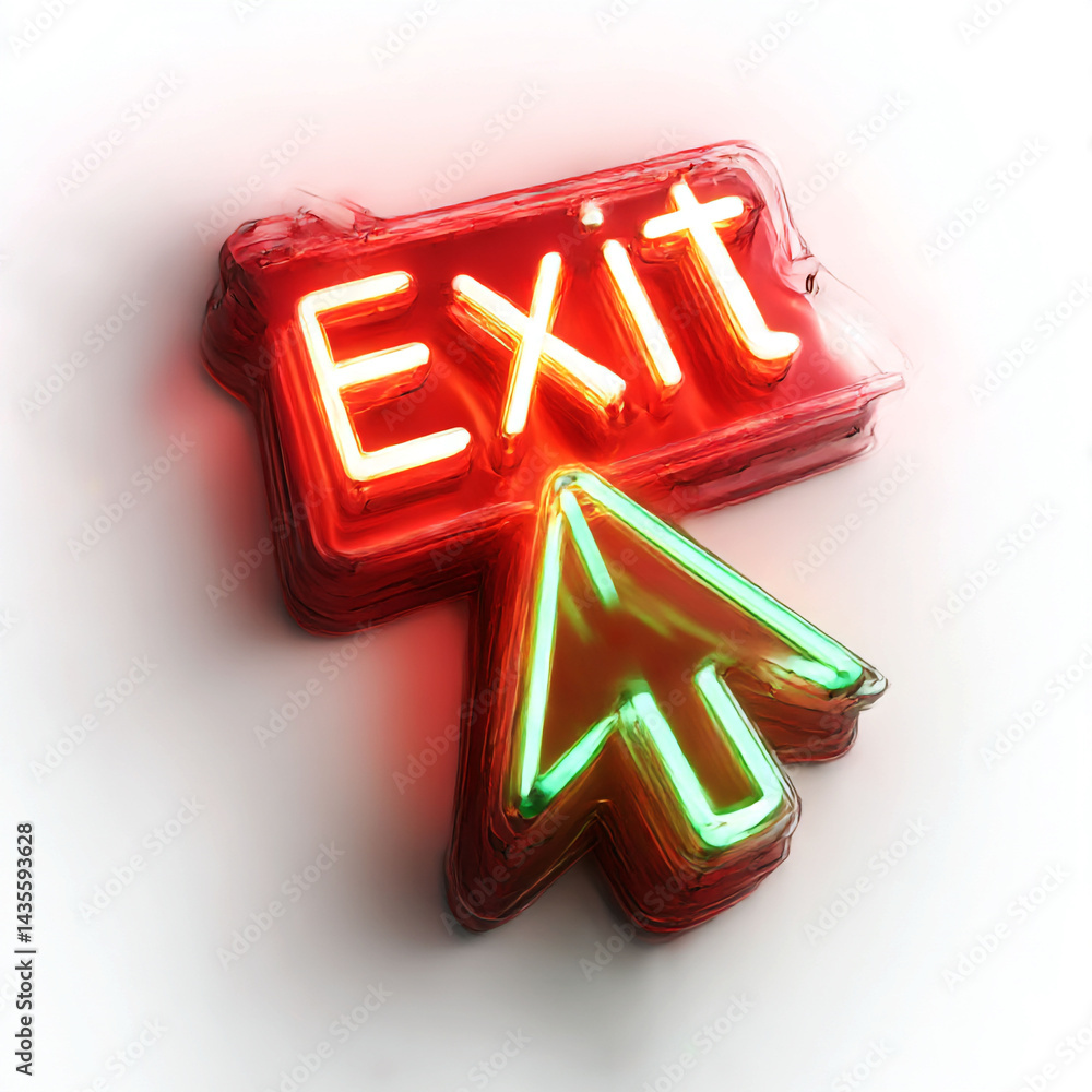 Poster neon exit sign with cursor arrow 3d render abstract graphic design