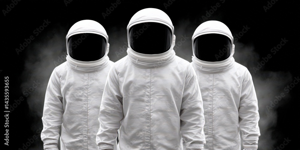 Poster three astronauts in identical white suits standing in formation facing forward on black background s