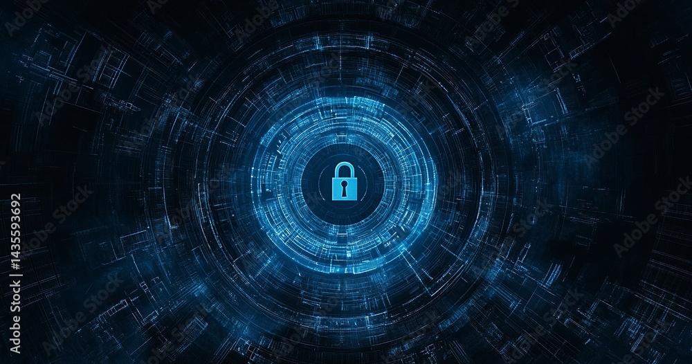 Poster abstract digital security background with a padlock symbol and a blue circular pattern, a vector ill