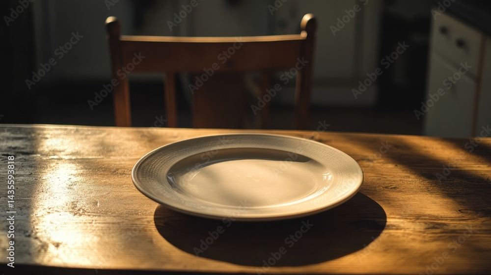Poster close-up of an empty dinner plate on a kitchen table, dimly lit at night with shadows from surroundi