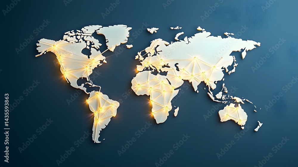 Poster a three-dimensional world map is depicted against a dark blue backdrop, illuminated by nodes of ligh