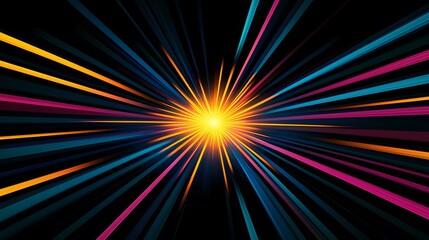 Fototapeta premium The image contains a burst of light, radiating from a bright yellow center. The light streaks are multicolored, primarily in shades of teal, pink, and orange, against a black background.