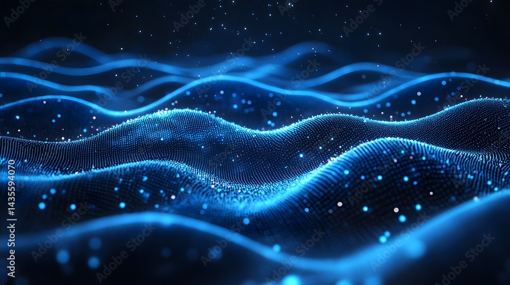 Leinwandbilder Digital landscape of luminous blue dots forming wave-like structures. Sparkling points create a futuristic atmosphere, enhanced by depth and movement. Abstract wireframe in dark blue.