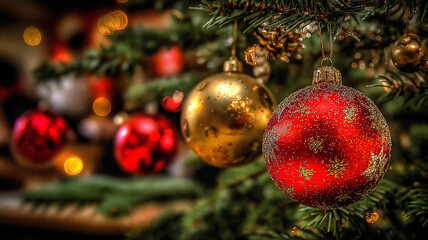Christmas tree ornaments glowing in festive colors  
