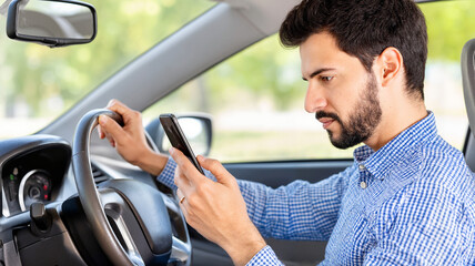 Man distracted by phone while driving in his car