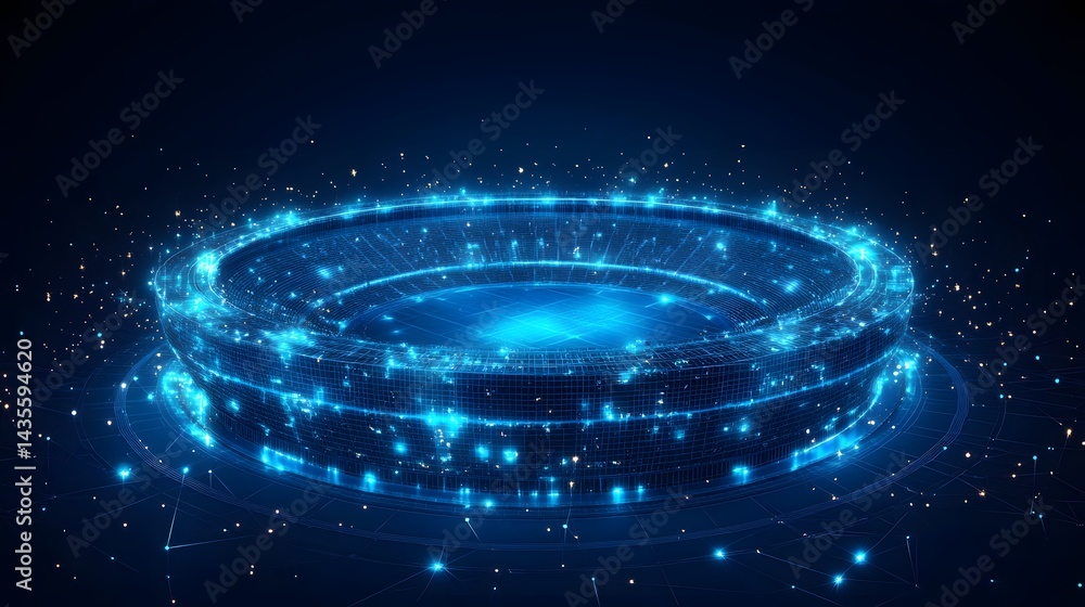 Aufkleber futuristic stadium aglow in electric blue. its wireframe design and digital particles evoke a modern