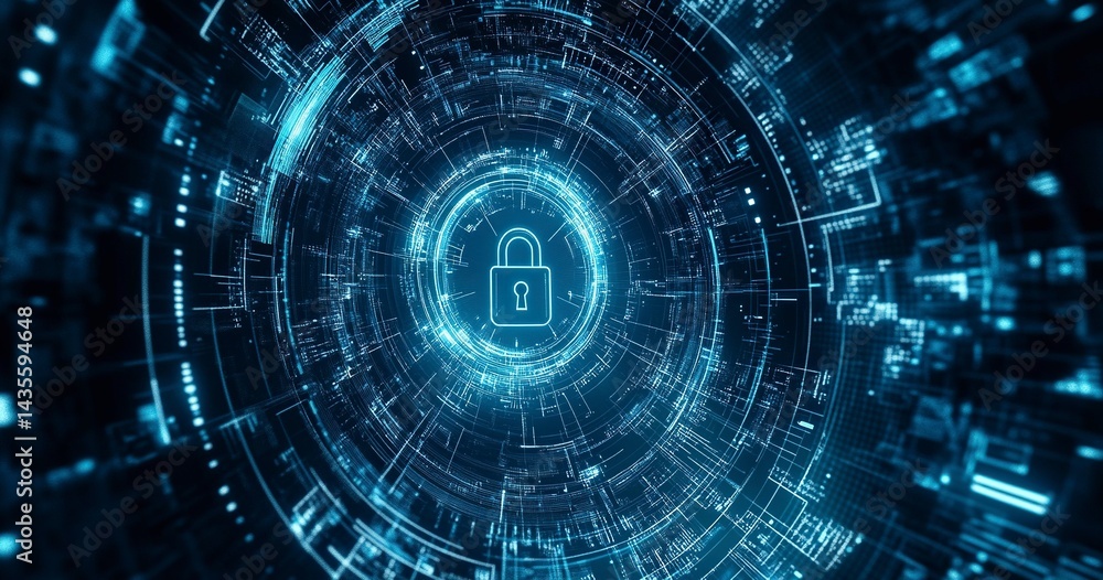 Aufkleber abstract digital security background with a padlock symbol and a blue circular pattern, a vector ill