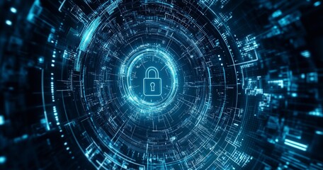 Fototapeta premium Abstract digital security background with a padlock symbol and a blue circular pattern, a vector illustration of a data protection technology concept. A large lock in the center on a dark, abstract, 