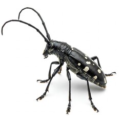 Macro of Asian Longhorn Beetle on Maple Tree, White Spots, Long Antennae, White Isolated Background