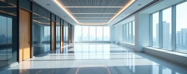 Fototapeta premium Modern empty bank office hall with glass walls and doors, minimalist interior design, doors, modern