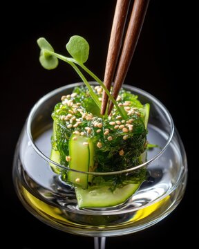 chuka seaweed salad floating in circular ring shape, with sesame seeds, cucumber, vinegar, seaweed tightly fitted in the air