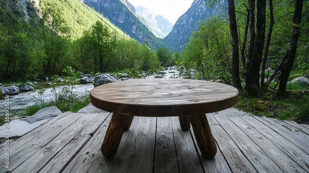 Aufkleber a simple wooden table set against a neutral background with a focus on its smooth surface and grain