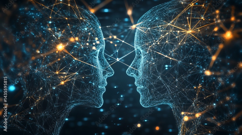 Poster abstract digital heads connected by glowing network lines ai data mesh grid blue dark cyber space