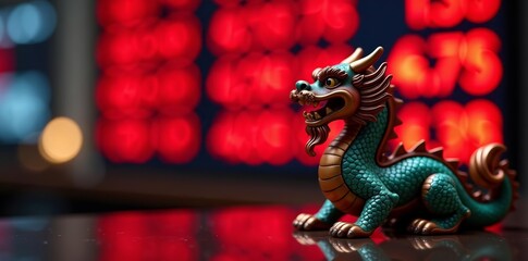 Vibrant red price ticker display showing changing stock values with Chinese dragon figurine in foreground, market, trend