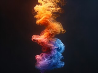 Obraz premium An explosive plume of colorful smoke rises in smooth vertical coils, with each hue glowing brightly against a pure black background. Artistic smoke concept