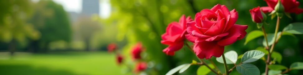 Vibrant red rose blossoms on green bush in city park during springtime, flowers, vibrant