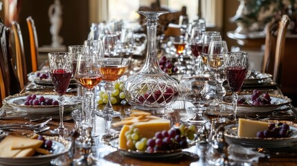 Naklejka premium elegant dinner party table setting with crystal and wine