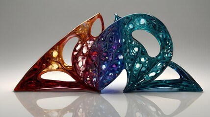 Two abstract glass sculptures with organic shapes intertwine. Red-orange meets purple-blue, creating a stunning gradient with perforated details.