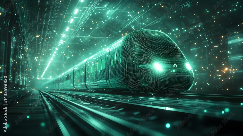 Poster futuristic teal train speeds through a glowing tunnel, creating a surreal, otherworldly scene. digit