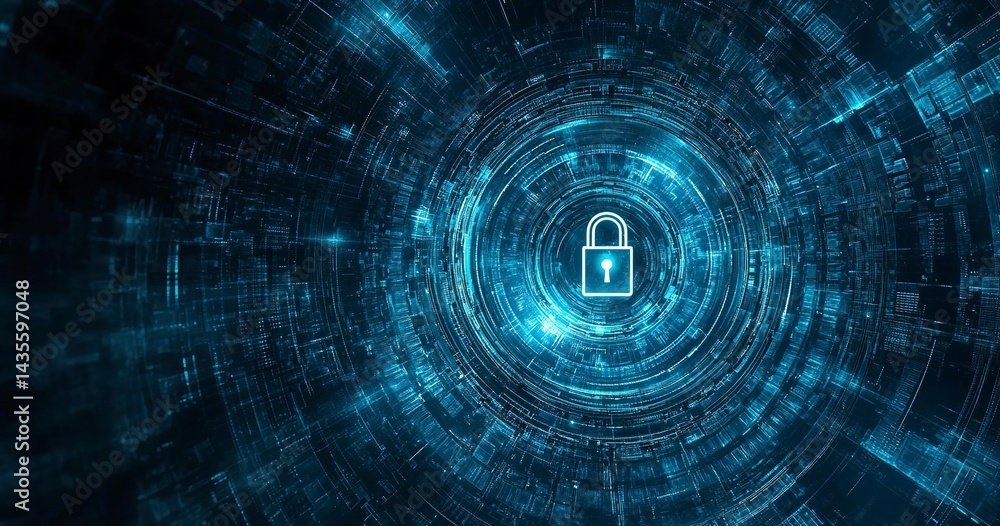 Poster abstract digital security background with a padlock symbol and a blue circular pattern, a vector ill