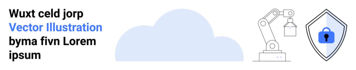 Cloud, robotic arm holding object, and locked security shield symbolizing data storage, automation, and cybersecurity. Ideal for technology, AI, data protection, innovation cloud solutions