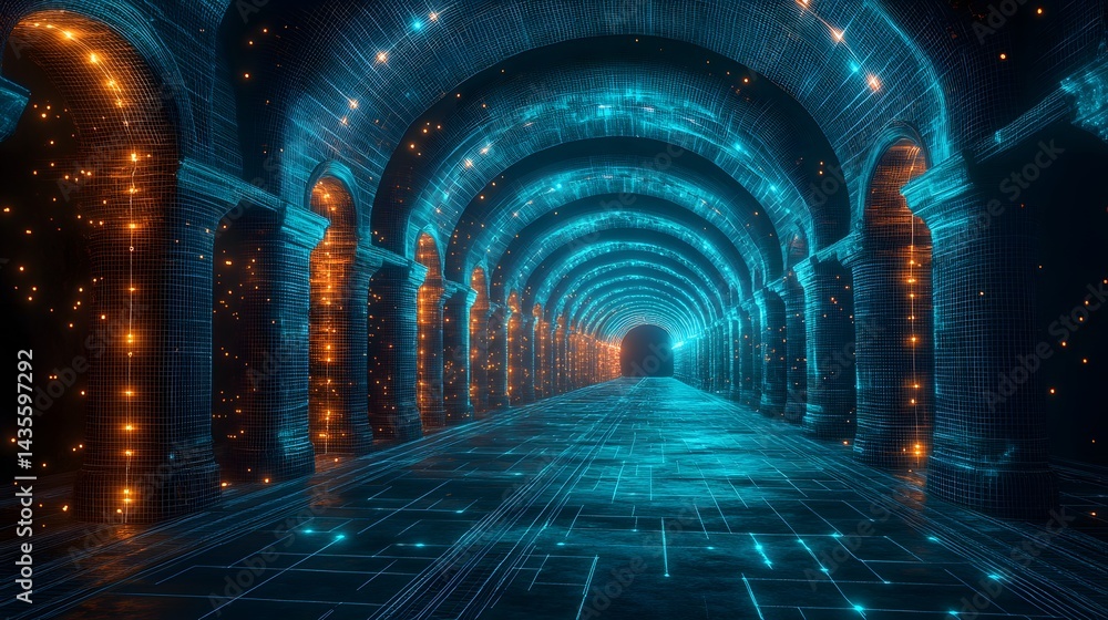 Poster futuristic tunnel with blue grid and orange lights creating a captivating visual. the perspective dr