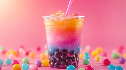 Colorful rainbow drink with boba
