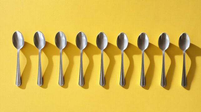 Row of silver teaspoons casting rhythmic long shadows on solid yellow surface, clean modern symmetry