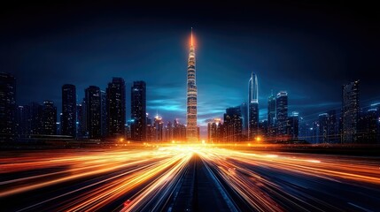 Fototapeta premium Night Cityscape: Skyscrapers and Light Trails