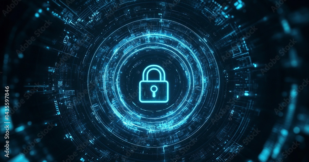 Poster abstract digital security background with a padlock symbol and a blue circular pattern, a vector ill