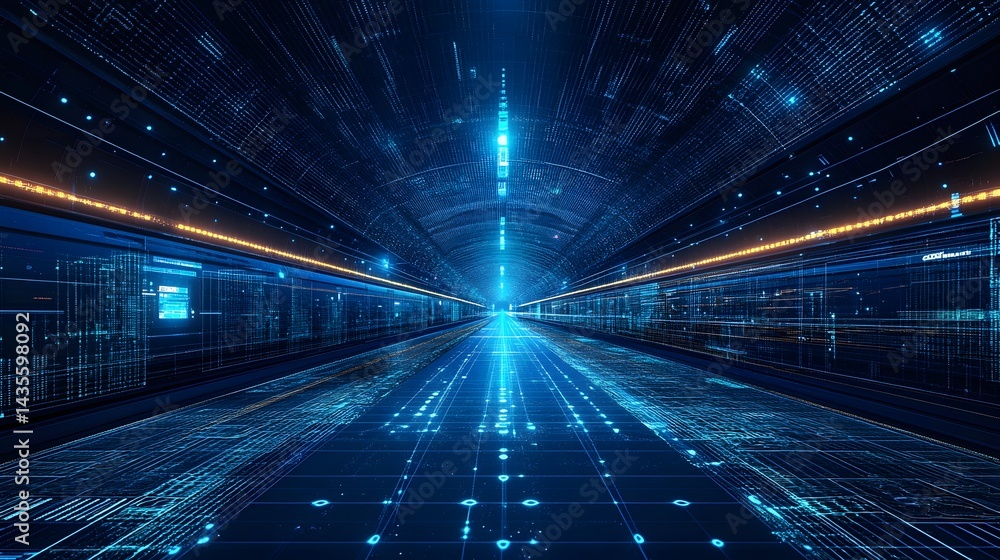 Poster navigate a futuristic data tunnel with glowing grids, screens displaying code, and orange accent lig