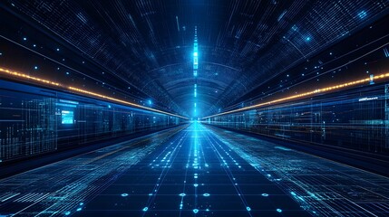 Navigate a futuristic data tunnel with glowing grids, screens displaying code, and orange accent lights. Experience the flow of information in a digital landscape. Abstract wireframe in dark blue.