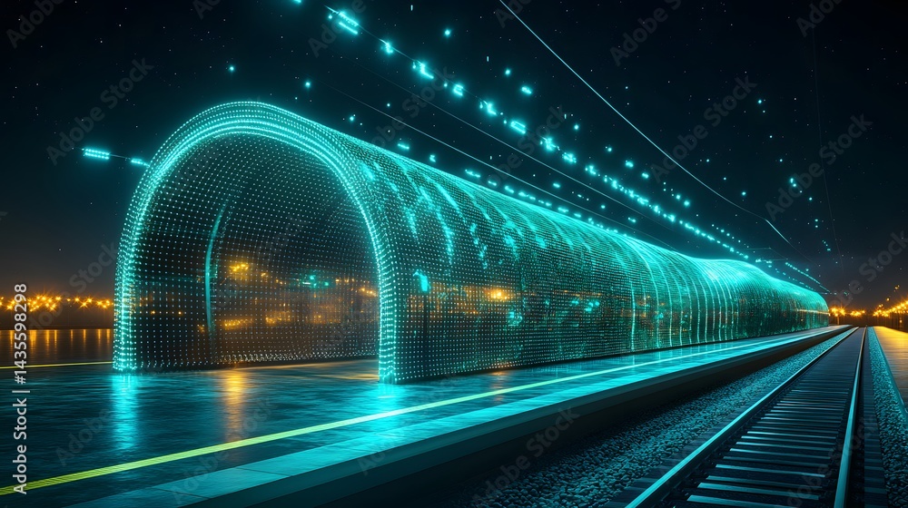 Poster Futuristic train station at night featuring a glowing tunnel made of interconnected dots. A smooth platform and railway enhance the scene under a star-filled sky. Abstract wireframe in dark blue.