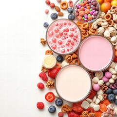 A vibrant display of various fresh fruits and nuts arranged beautifully on a wooden surface