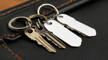 Keys with blank tags on black leather