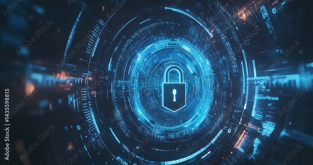 Aufkleber abstract digital security background with a padlock symbol and a blue circular pattern, a vector ill